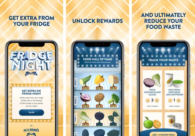 Three advertising images for the Fridge Night app, showing features and screenshots