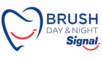 A stylised tooth with a smile made with part of the Signal logo on it, the words "Brush Day & Night" next to it, and the Signal logo underneath