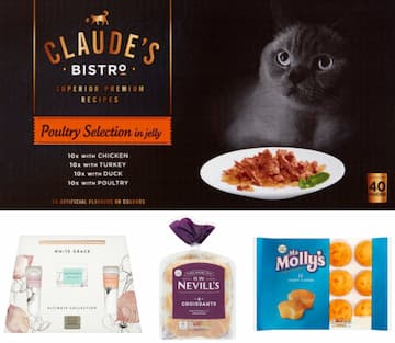 4 Exclusively at Tesco products: Claude's Bistro cat food, White Grace body lotion, H.W. Nevill's croissants, and Mrs. Molly's fairy cakes.