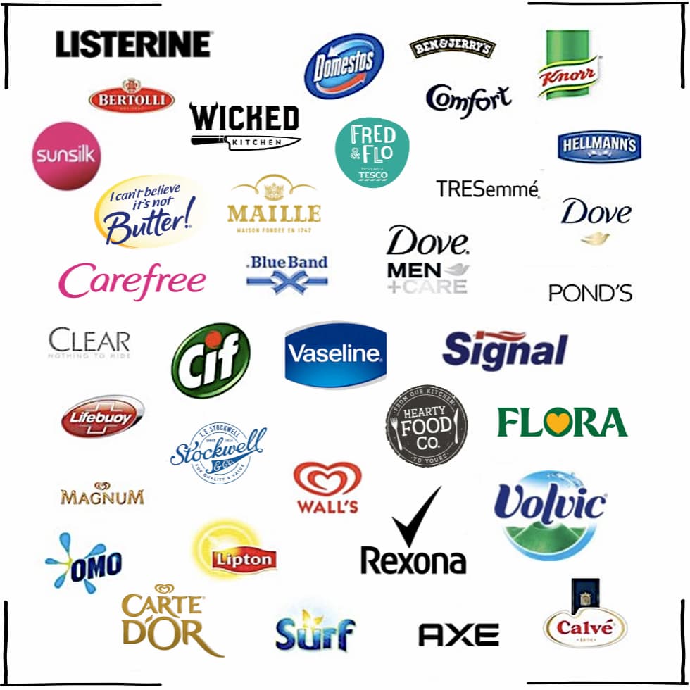 A collection of brand logos including Hellmann's, Dove, Domestos, Listerine, Volvic, and Lipton